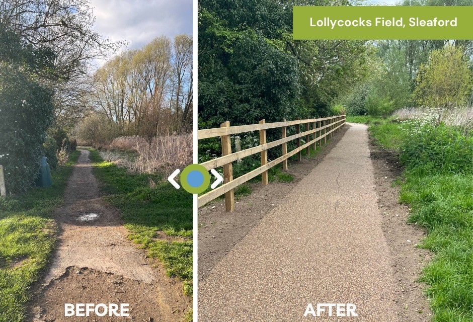 A before and after image of the Lollycocks Field pathway
